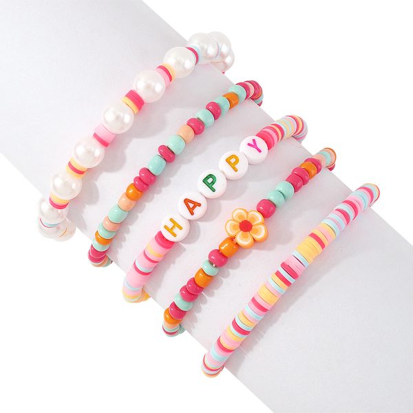 Light Pink Stripe Howlite  Happy  Beaded Stretch Bracelet Set Cheap