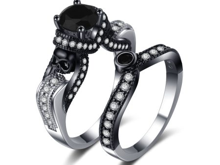 Black Crystal & Cubic Zirconia Two-Tone Skull Ring Set Online now