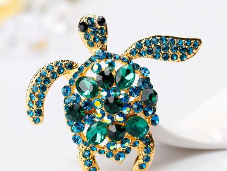 Teal Cubic Zirconia & 18K Gold-Plated Turtle Brooch on Sale