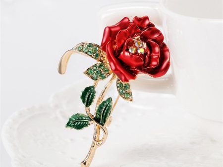 Red Cubic Zirconia & 18K Gold-Plated Rose Brooch Discount