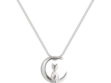 Sterling Silver Moon & Cat Pendant Necklace For Cheap