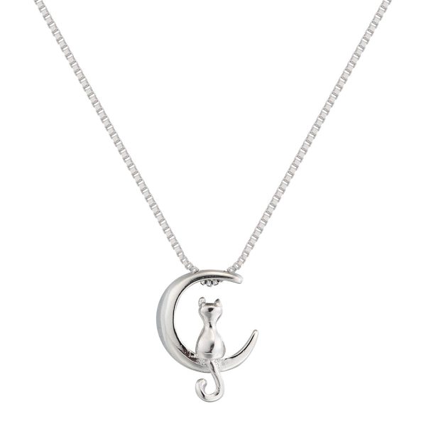 Sterling Silver Moon & Cat Pendant Necklace For Cheap