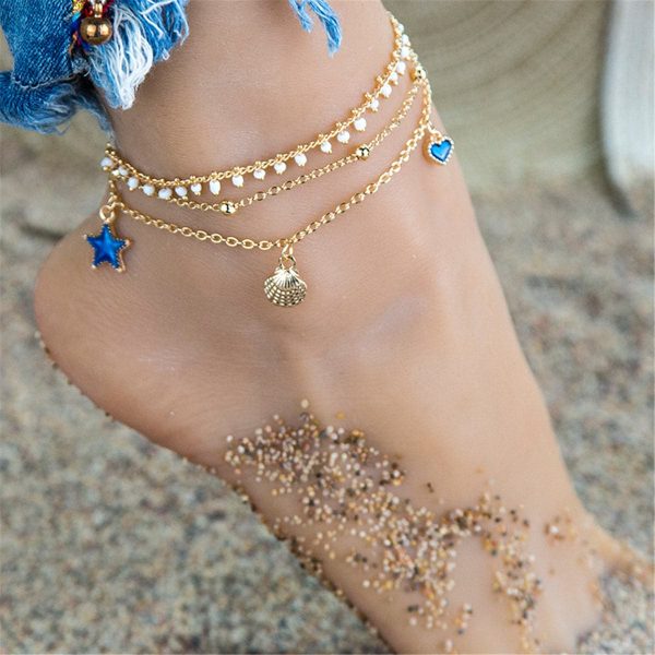 Blue Enamel & 18K Gold-Plated Star Anklet Set For Cheap