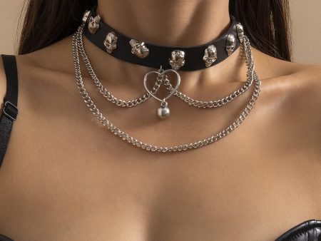 Black Leather & Silver-Plated Skull Station Heart Chain Choker For Cheap