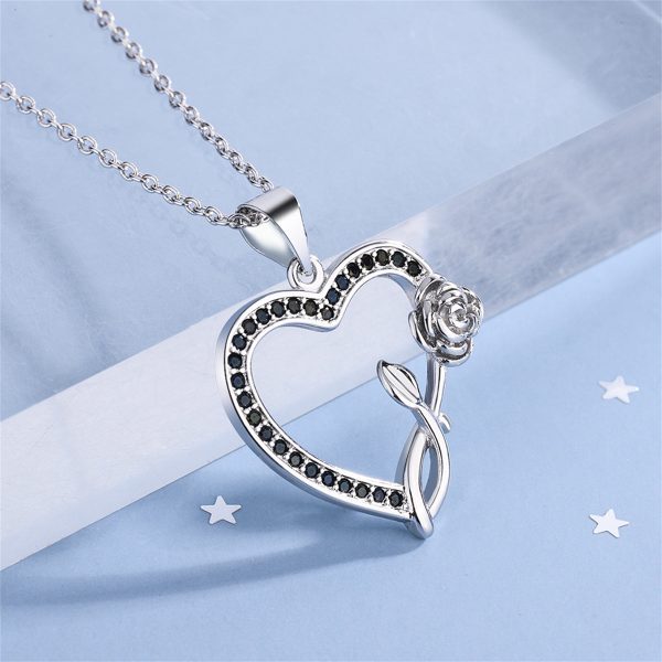 Black Cubic Zirconia & Silver-Plated Rose Heart Pendant Necklace Online Sale