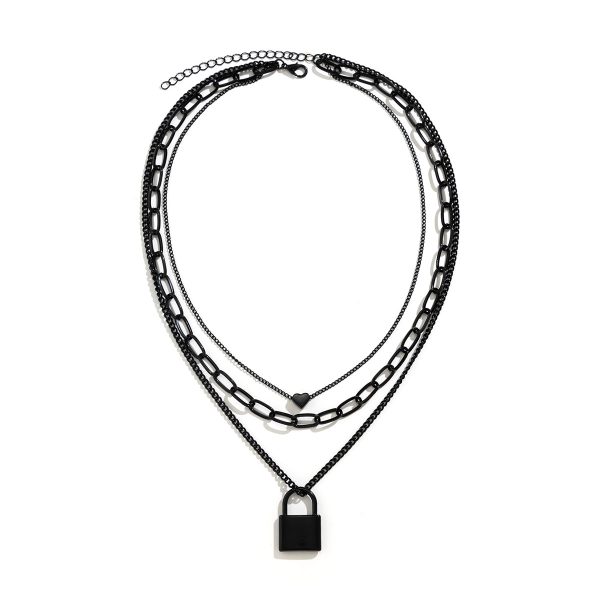 Black Heart & Lock Layered Pendant Necklace Fashion