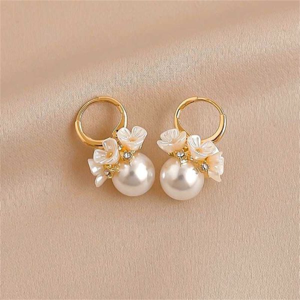 Pearl & Cubic Zirconia Flower Huggie Earrings Online now