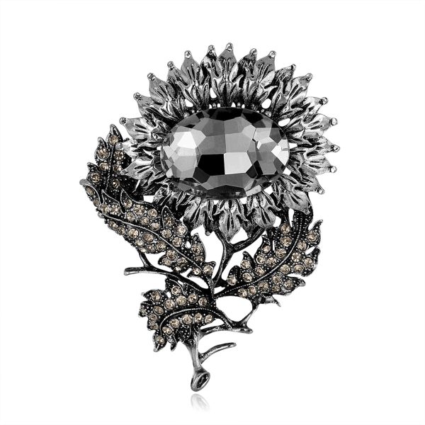 Black Crystal & Cubic Zirconia Sunflower Brooch Online now