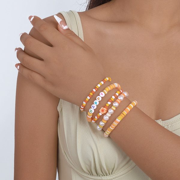 Orange Howlite  Happy  Beaded Stretch Bracelet Set For Cheap