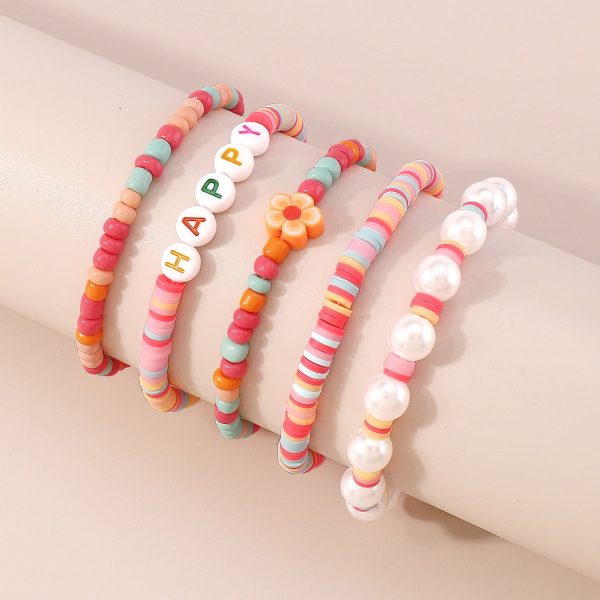 Light Pink Stripe Howlite  Happy  Beaded Stretch Bracelet Set Cheap