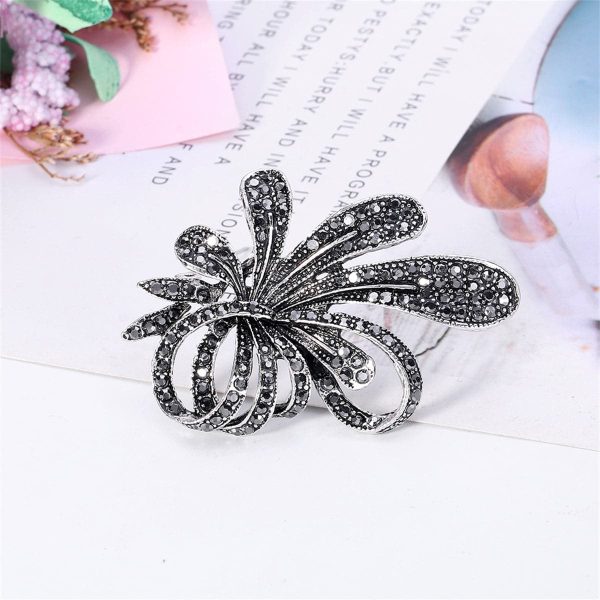 Black Cubic Zirconia & Silver-Plated Flower Brooch Supply