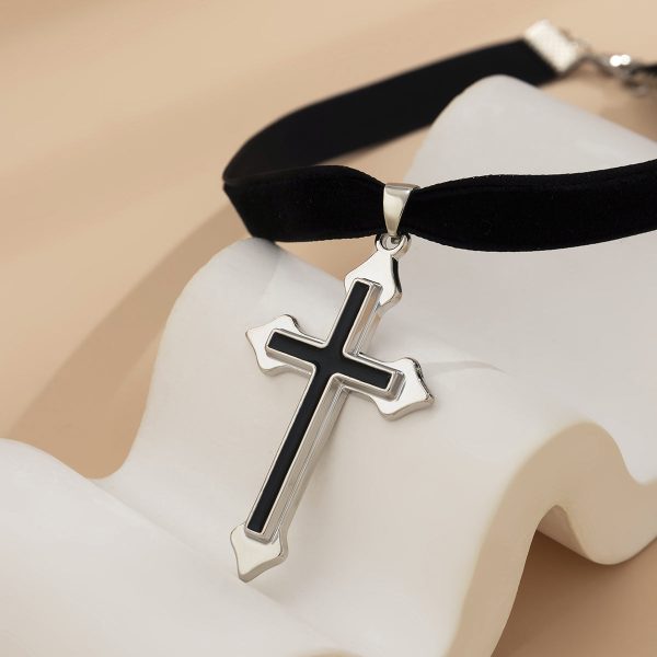 Black Enamel & Silver-Plated Cross Pendant Choker Necklace Online