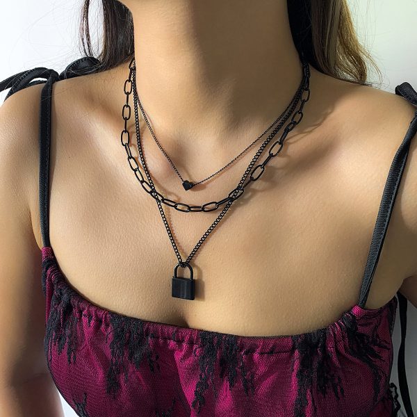 Black Heart & Lock Layered Pendant Necklace Fashion