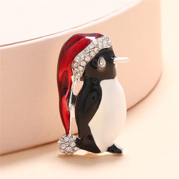 White Cubic Zirconia & Red Enamel Santa Penguin Brooch Cheap