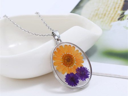 Yellow & Purple Pressed Mum Oval Pendant Necklace For Discount