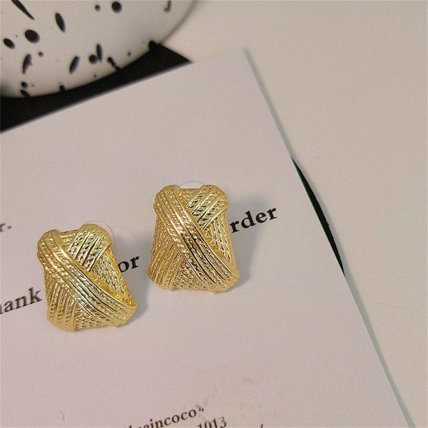 18K Gold-Plated Woven Crisscross Stud Earrings For Sale