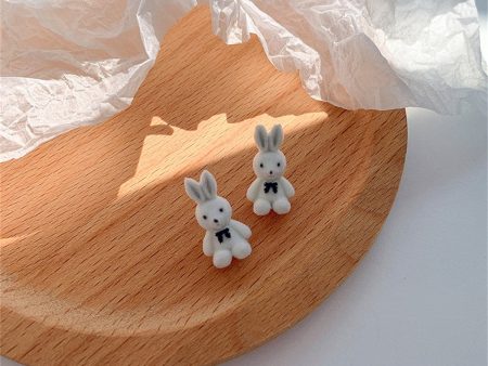 White Gabardine & Silver-Plated Rabbit Stud Earrings Cheap