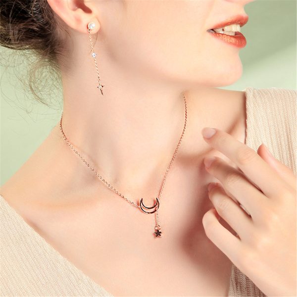 18K Rose Gold-Plated Moon & Star Pendant Necklace For Sale