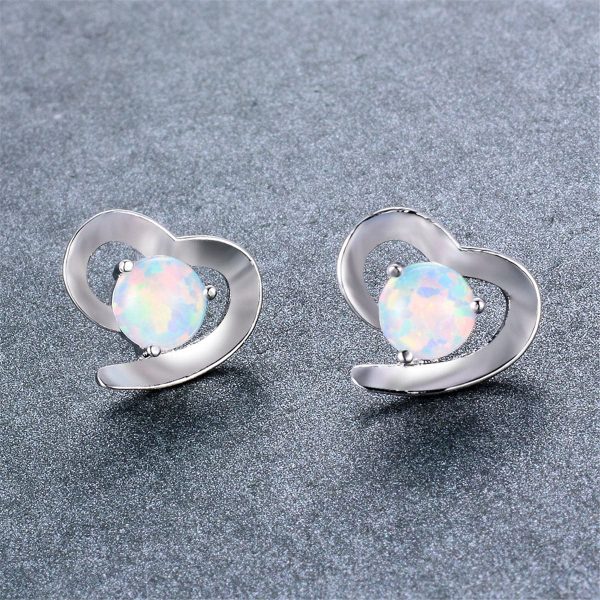 White Opal & Silver-Plated Heart Stud Earrings Cheap