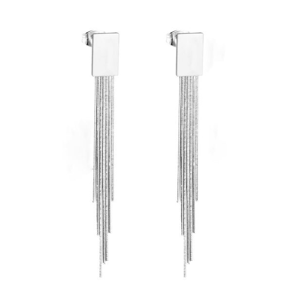 Silver-Plated Rectangle Tassel Drop Earrings For Discount