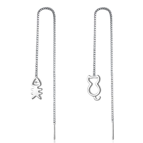 Silver-Plated Cat & Fishbone Threader Earrings Supply