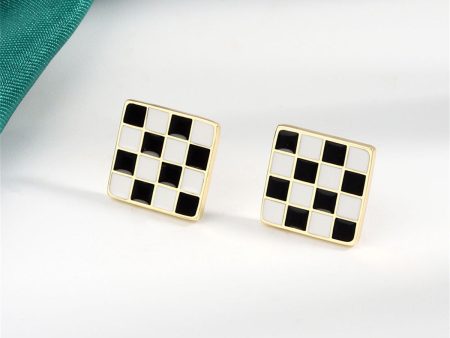 Black & White Plaid Square Stud Earrings Sale