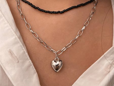 Black Howlite & Silver-Plated Heart Pendant Necklace Set For Cheap