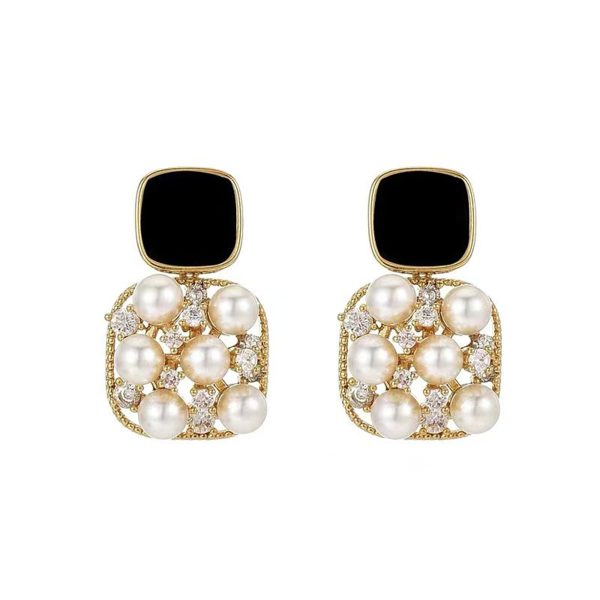 Black Enamel & Pearl Cubic Zirconia-Accent Cushion Drop Earrings Discount