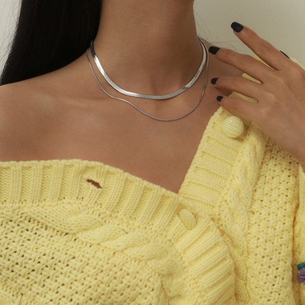 Silver-Plated Herringbone Chain Double Layered Choker Necklace Fashion