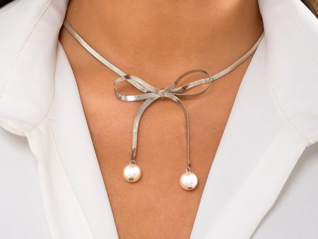 Silver-Plated & Pearl Bow Choker Necklace Supply