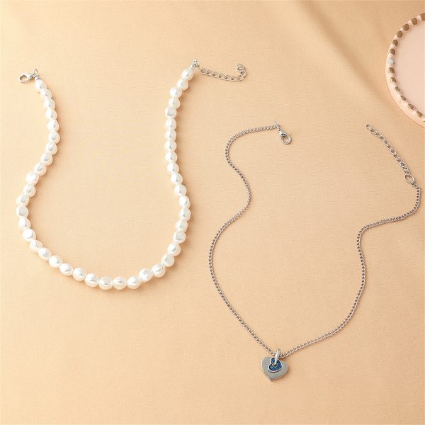 Blue Enamel & Pearl Silver-Plated Heart Pendant Necklace Set For Discount