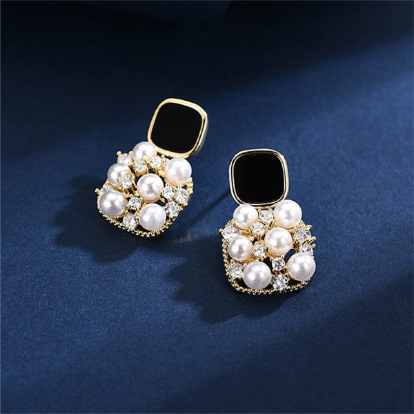 Black Enamel & Pearl Cubic Zirconia-Accent Cushion Drop Earrings Discount