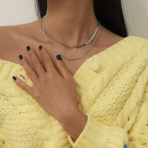 Silver-Plated Herringbone Chain Double Layered Choker Necklace Fashion