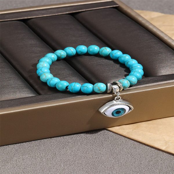 Turquoise & Silver-Plated Eye Charm Beaded Stretch Bracelet Online now