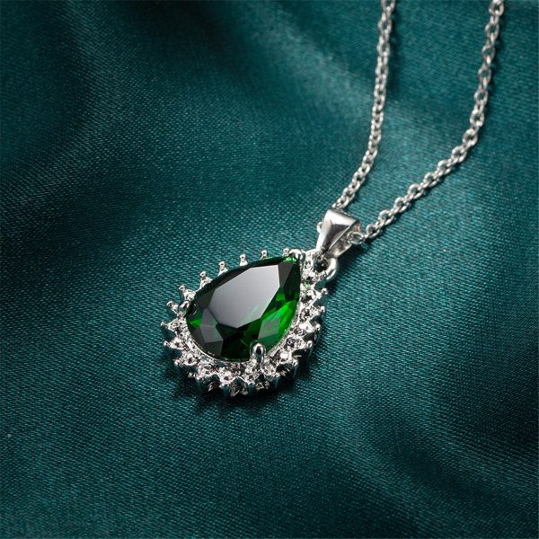 Green Crystal & Silver-Plated Pear-Cut Halo Pendant Necklace on Sale