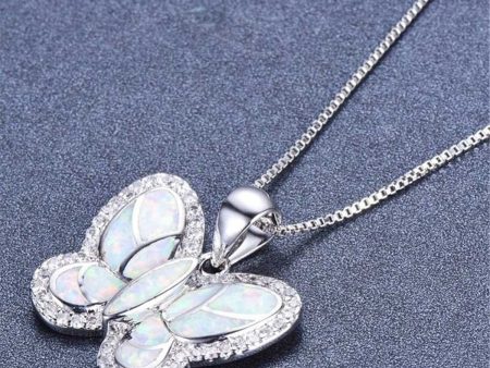 White Opal & Cubic Zirconia Butterfly Pendant Necklace For Sale