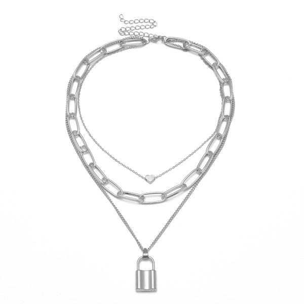 Silver-Plated Heart & Lock Layered Pendant Necklace For Sale