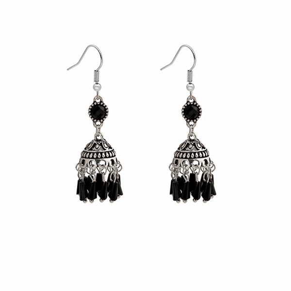 Black Acrylic & Silver-Plated Boho Tassel Drop Earrings Supply