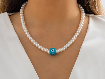 Blue Acrylic & Pearl Evil Eye Cube Pendant Necklace Online