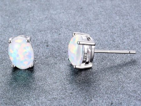 White Opal & Silver-Plated Oval Stud Earrings Online Sale