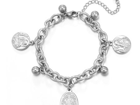 Stainless Steel Oval Patron Saints Charm Bracelet on Sale