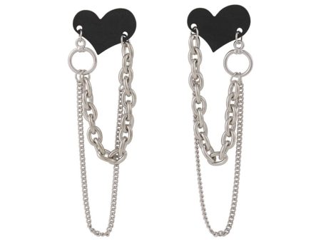 Black Acrylic & Silver-Plated Heart Chain Tassel Drop Earrings Supply