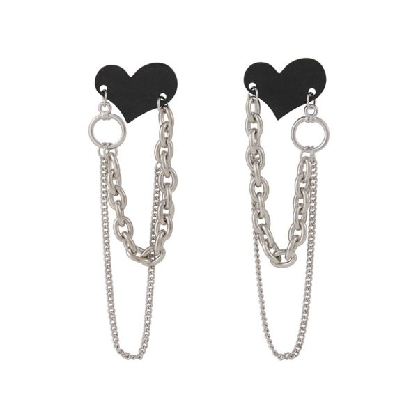 Black Acrylic & Silver-Plated Heart Chain Tassel Drop Earrings Supply