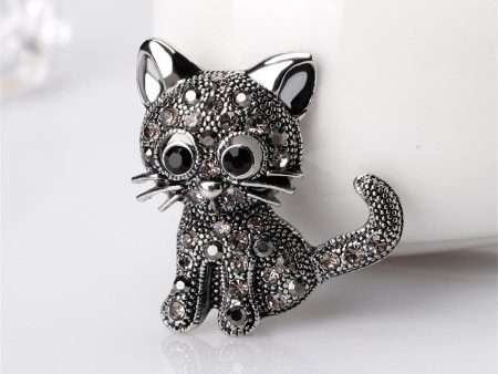 Black & White Cubic Zirconia Kitty Illusion Brooch Supply