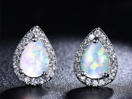 White Opal & Cubic Zirconia Teardrop Cushion Stud Earrings Online now