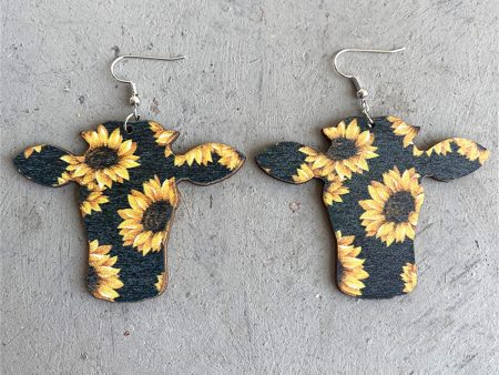 Black & Yellow Sunflower Cow Wood Drop Earrings on Sale