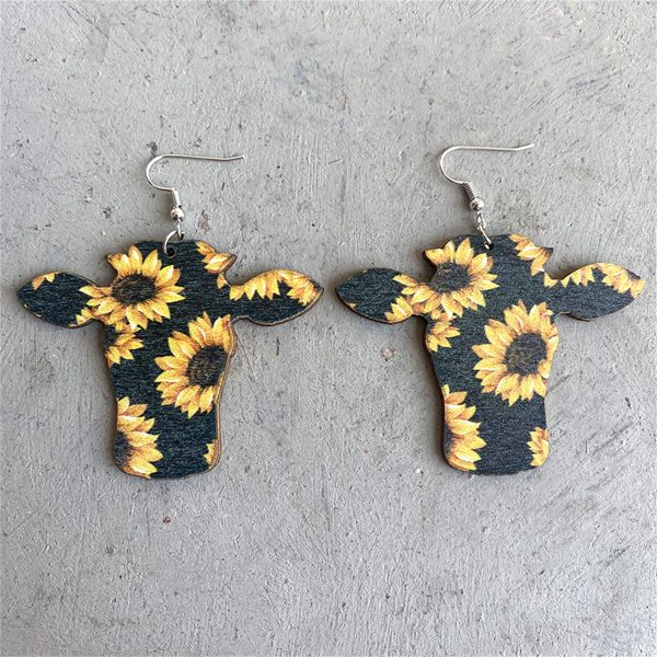 Black & Yellow Sunflower Cow Wood Drop Earrings on Sale