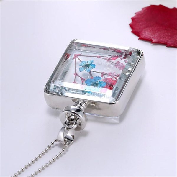 Blue & Red Pressed Flower Square Pendant Necklace Discount