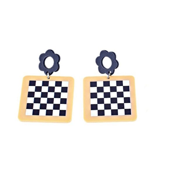 Black & White Checkerboard & Flower Drop Earrings Cheap