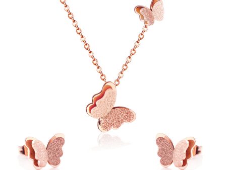 18K Rose Gold-Plated Butterfly Stud Earrings & Pendant Necklace For Sale